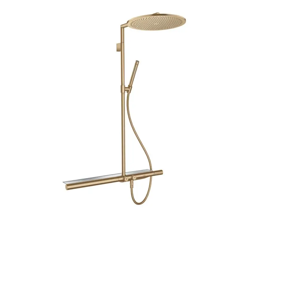 Duscheinrichtung von AXOR mit Kopfbrause und Schlauch. Rücklaufrohr und Thermostat sind sichtbar. Finish in gebürstetem Bronze.
